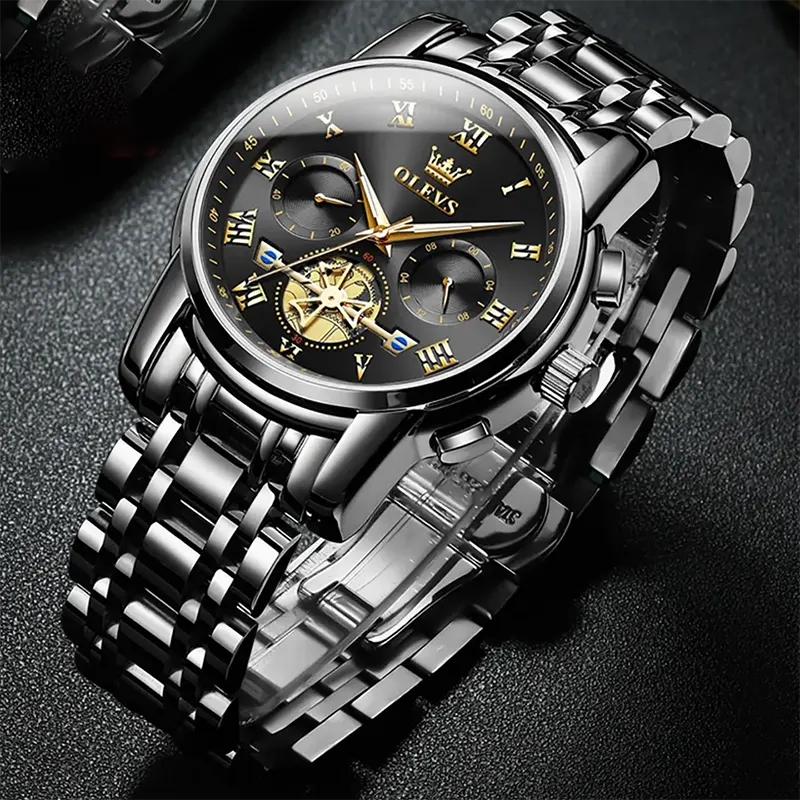 OLEVS Multifunctional Black Stainless Steel Men's Watch- 2859